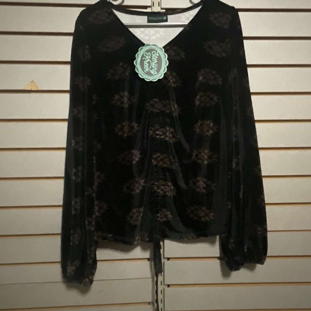 NWTS Sterling Kreek Long Sleeve Shirt Top Black Tan M Boutique AZTEC Velour